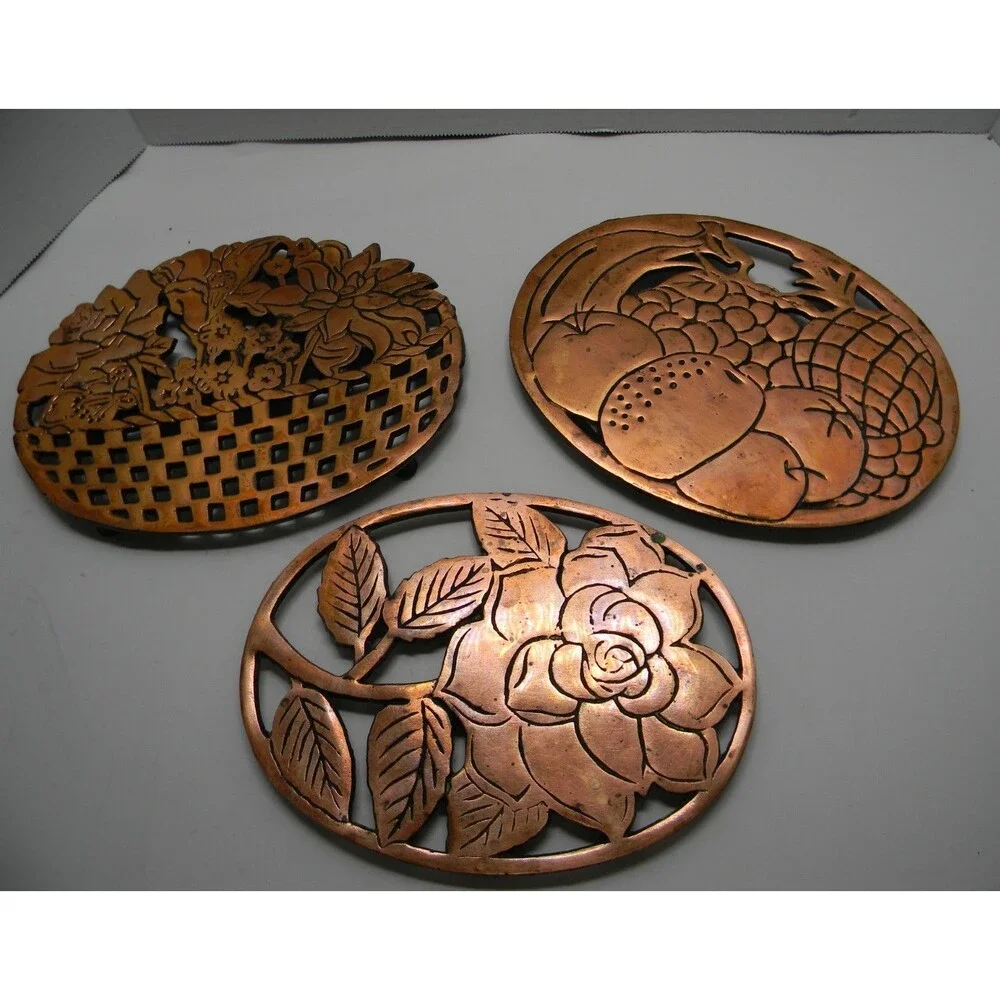 Vintage Old Dutch Design Set of 3 Trivet Wall Decor Copper over Cast Iron 1983